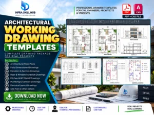Architectural Working Drawing Templates with floor plans, elevations, sections, electrical and plumbing details