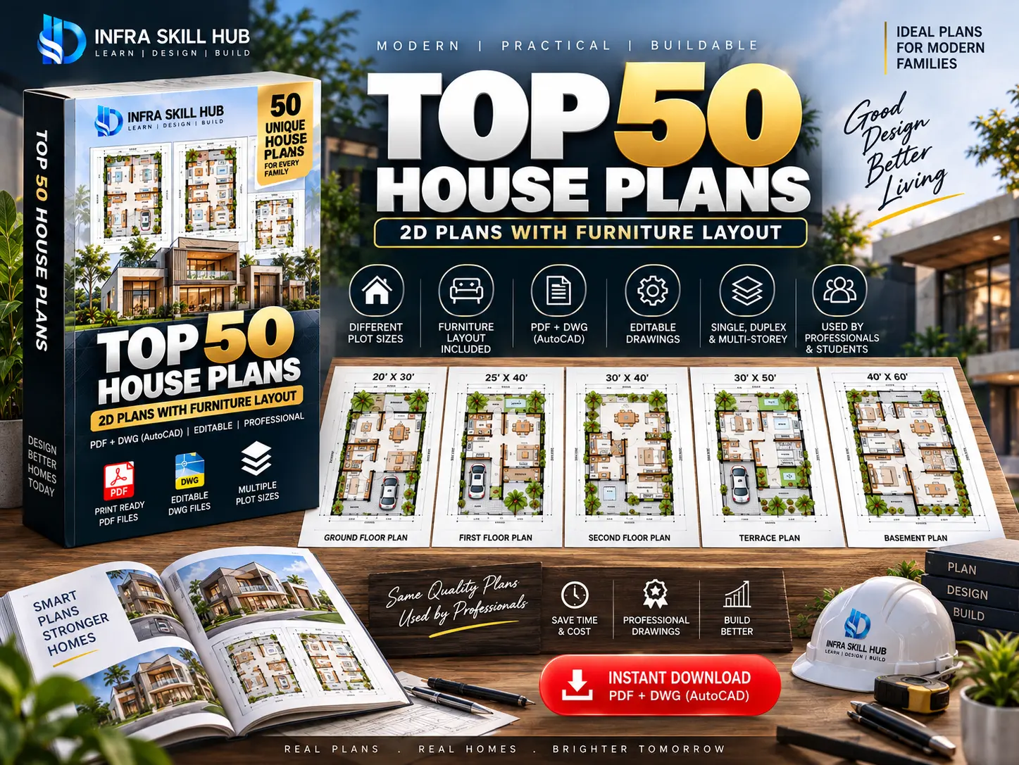 Top 50 House Plans with 2D floor plans, furniture layouts and PDF DWG AutoCAD files