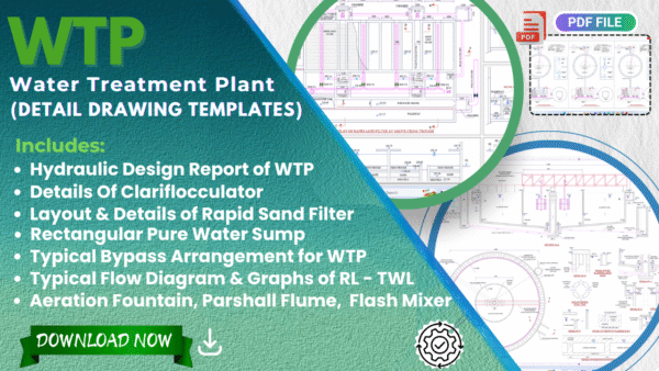 Water Treatment Plant (WTP) Drawing Templates | Clariflocculator, RSF, Sump, Aeration Fountain, Flash Mixer, Parshall Flume, Flow Diagram with Hydraulic Design Report
