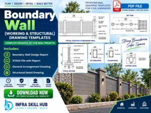 Boundary Wall Detail Drawings with structural, RCC, foundation and reinforcement details