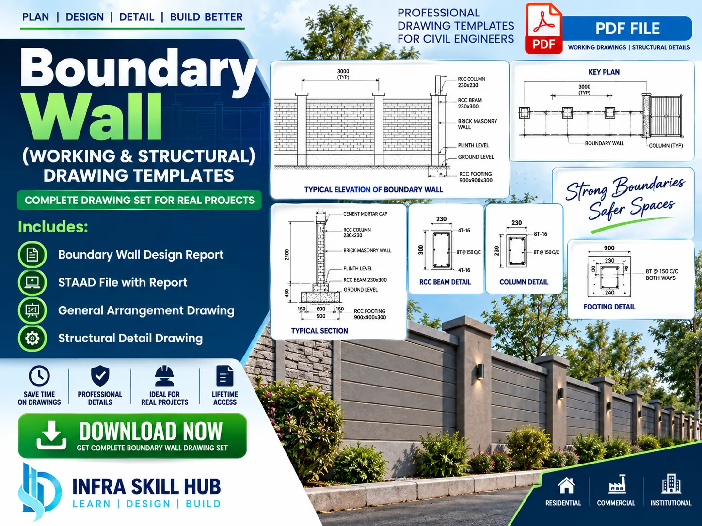 Boundary Wall Detail Drawings with structural, RCC, foundation and reinforcement details