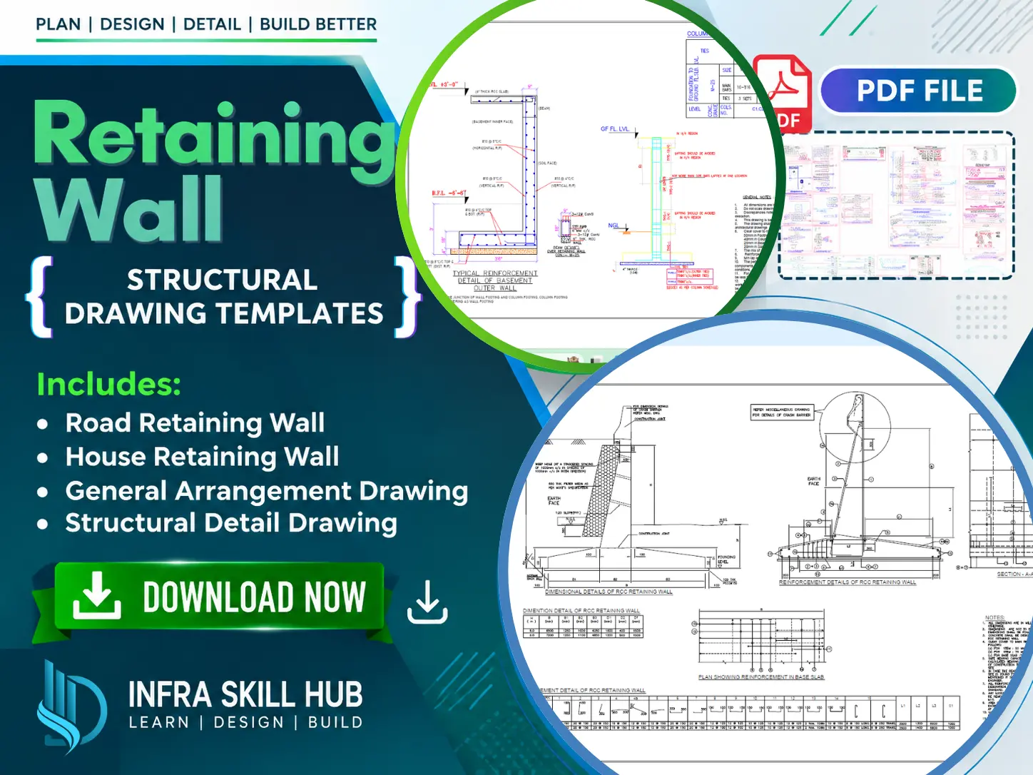 Retaining Wall Detail Drawings with road and house retaining wall structural details in PDF Format.