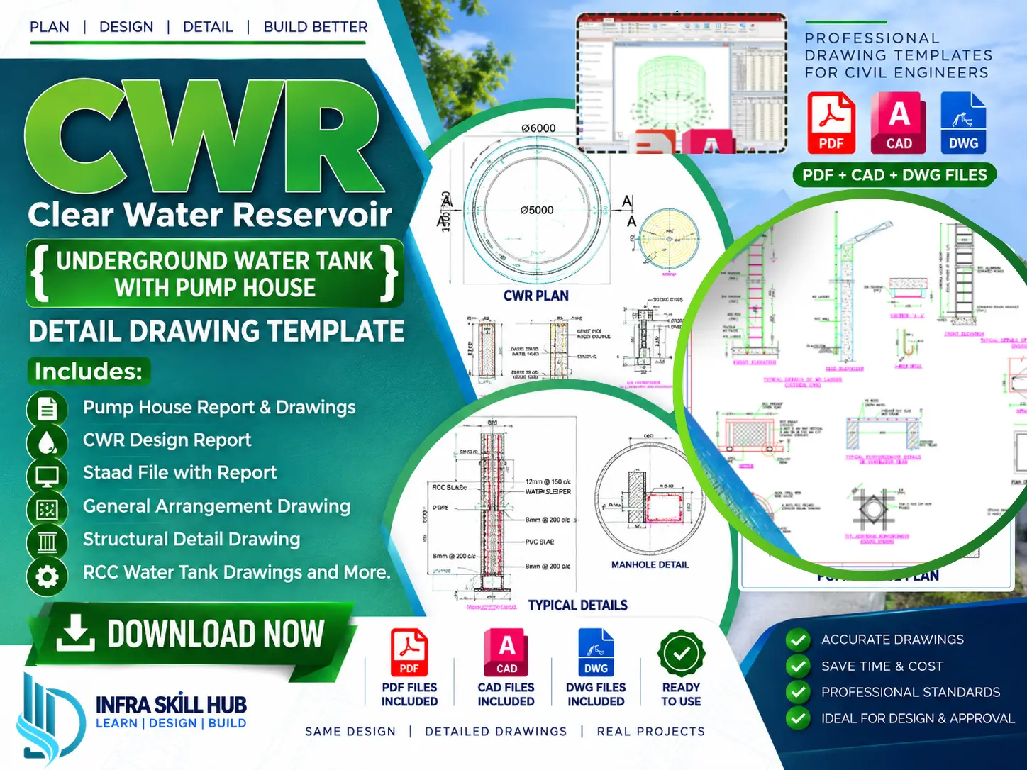 Underground Water Tank and Pump House Drawings with CWR structural details in PDF and DWG format