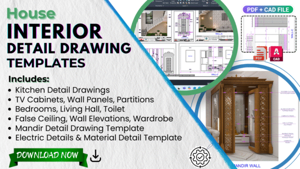 Interior detail drawing templates in AutoCAD & PDF – living room, kitchen, bedroom layouts & working drawings