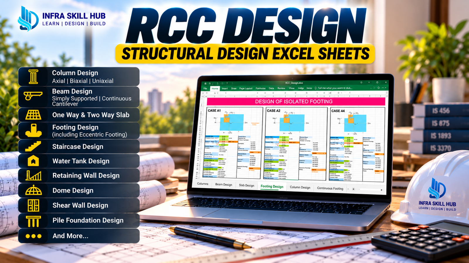 RCC Design Excel Sheets for beam, slab, column, footing and structural design calculations