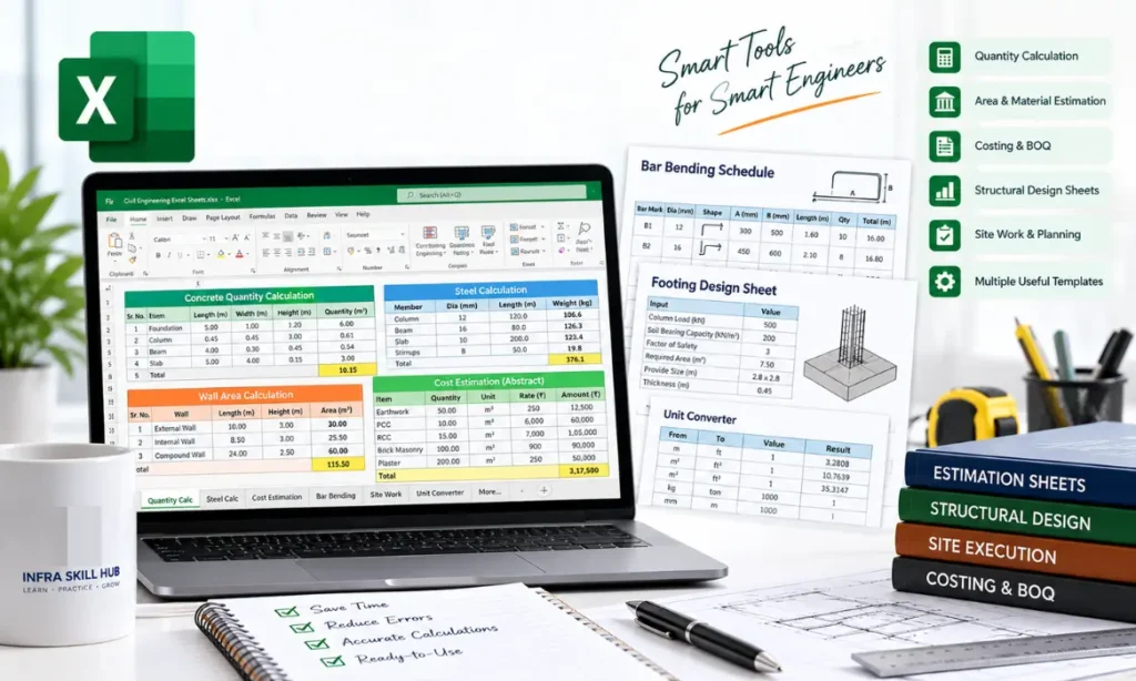 Civil Engineering Excel Sheets for quantity calculation, estimation, costing and structural design