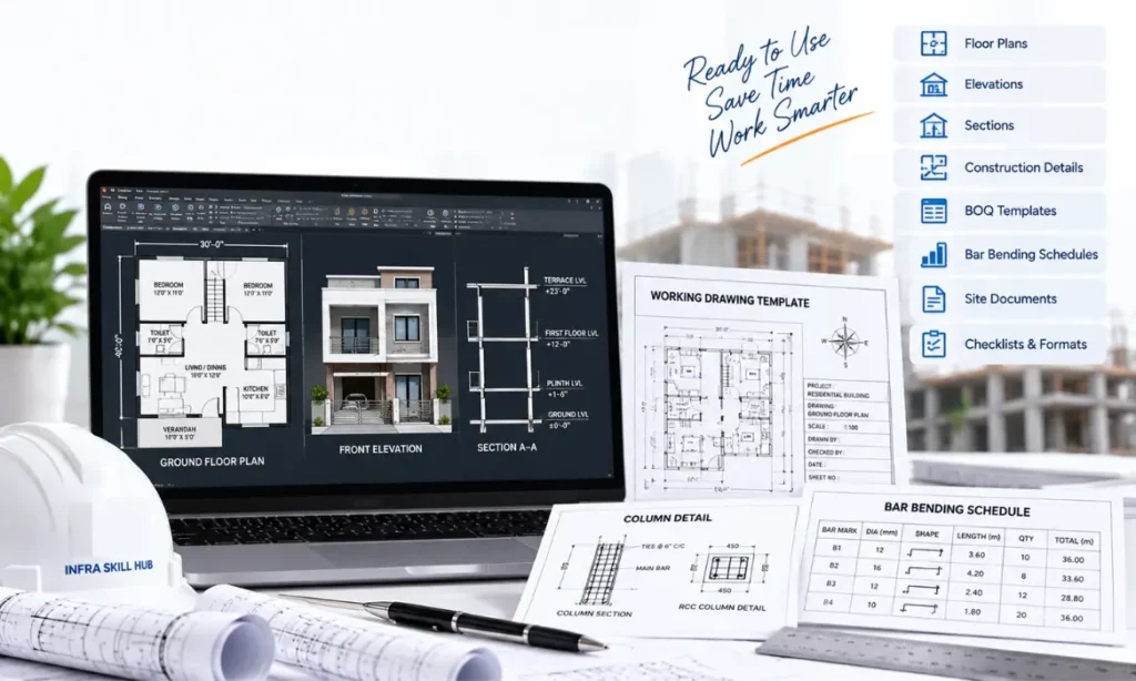 Civil Engineering Working Drawing Templates with floor plans, elevations, sections and construction details